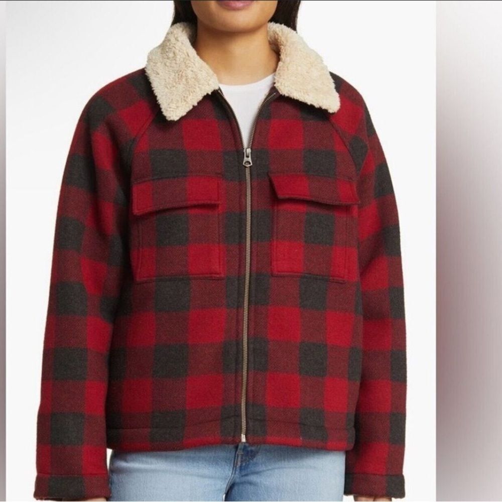 Faherty Legend High Pile Fleece Collar Crop Jacket Plaid Sherpa Zip Up Small